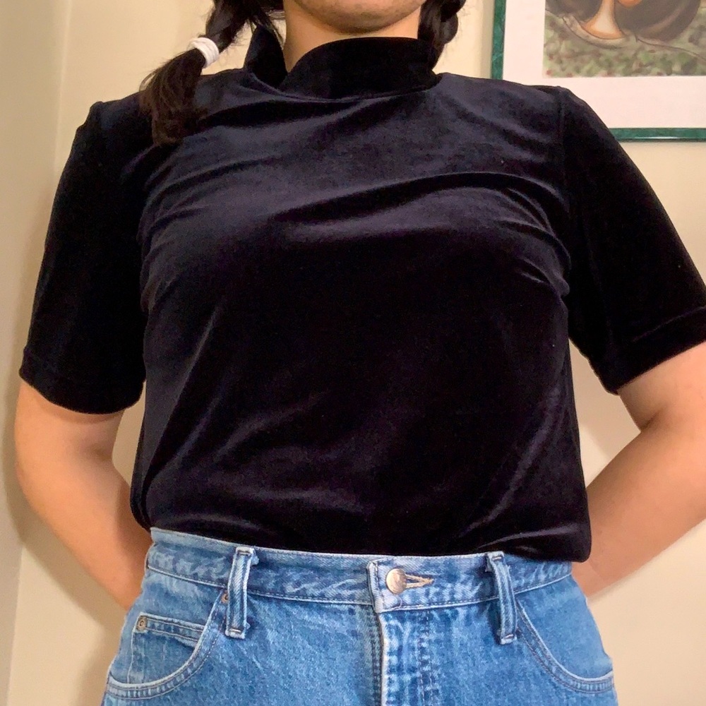 Black velvet shirt sleeved mock neck